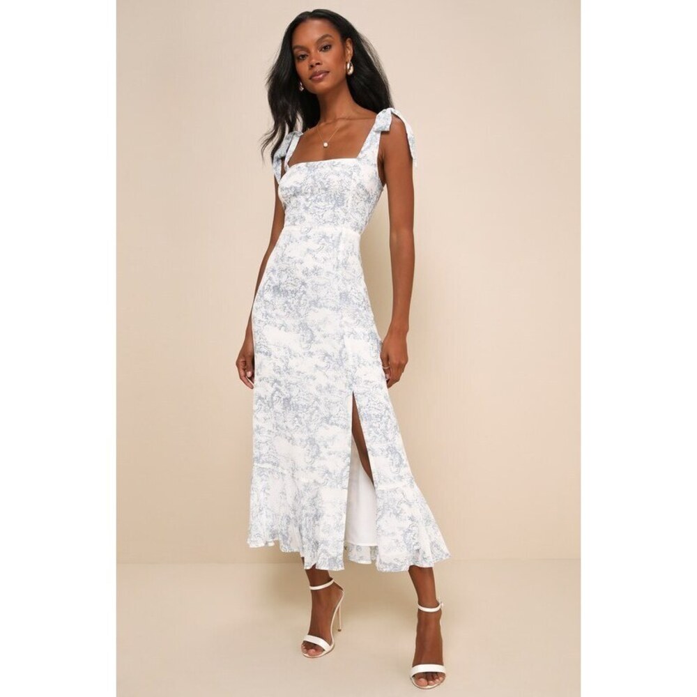 Lulus Summer Invite White And Blue Toile Tie-strap Tiered Midi Dress - Size M